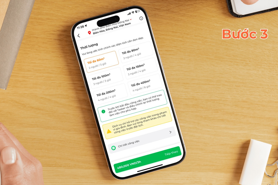 Chọn thời lượng và số người làm việc.