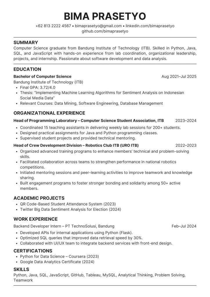 Contoh CV Fresh Graduate Bahasa Inggris​ | CV Computer Science Teknik Informatika