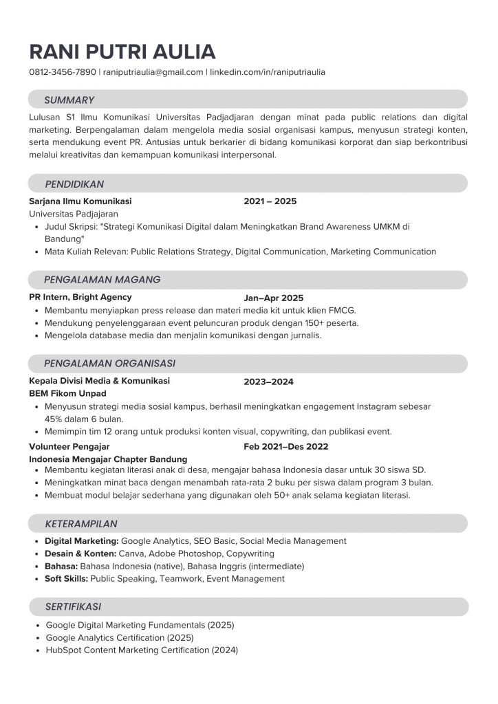 Contoh CV Fresh Graduate Tanpa Pengalaman | CV S1 Ilmu Komunikasi