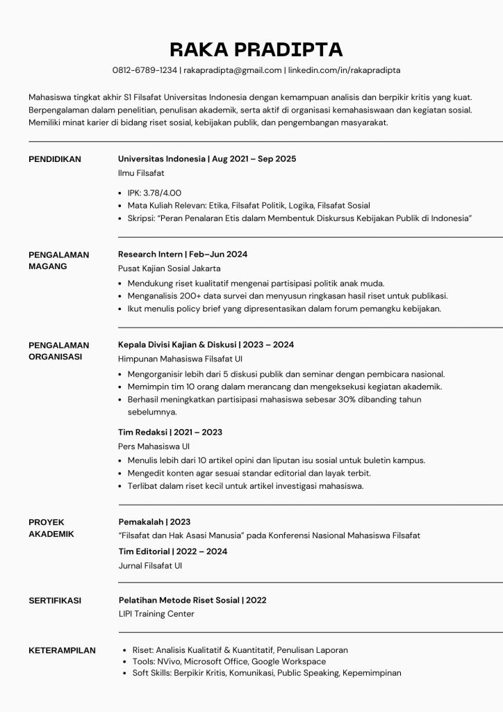 Contoh CV Mahasiswa yang Masih Kuliah​ | CV S1 Filsafat