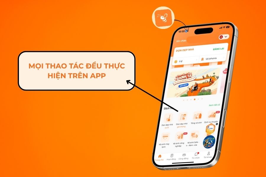 Mọi thao tác đều thực hiện trên ứng dụng bTaskee.
