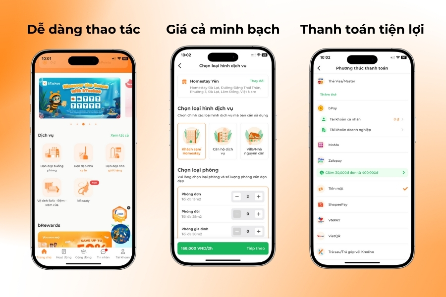 Mọi thao tác hoàn toàn thực hiện trên app bTaskee.