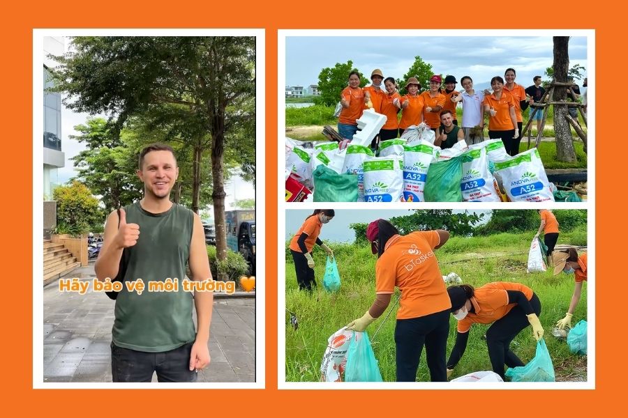 Một người bạn từ Nga tham gia cùng các chị Ong Cam dọn rác cộng đồng và chia sẻ đầy chân thành.