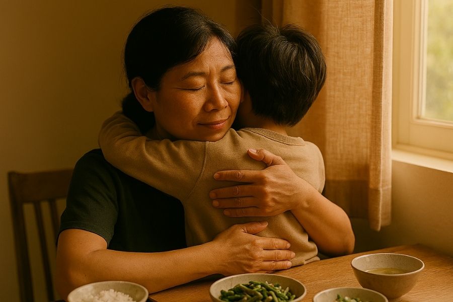 Mùi cơm mới toả ngào ngạt lan toả khắp nhà như vòng tay của mẹ.