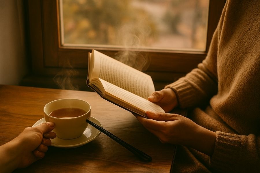 Những tia nắng chiều vàng óng qua khe rèm.