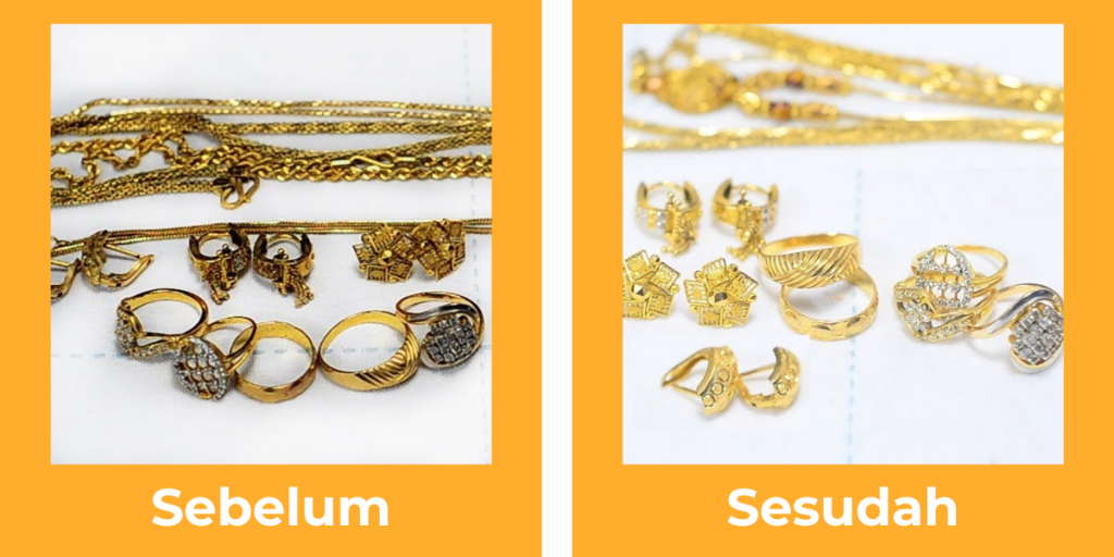 perhiasan emas kotor sebelum dicuci dan perhiasan emas bersih