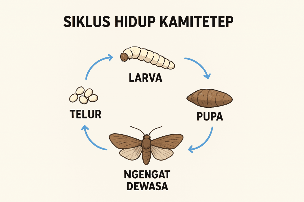 Siklus hidup kamitetep memiliki 4 tahap, yaitu telur, larva, pupa (kepompong), dan ngengat dewasa.
