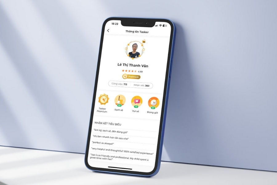 Tasker của bTaskee luôn được hiển thị rating và đánh giá rõ ràng trên app.