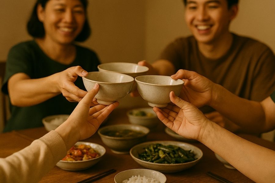 Tiếng chén bát leng keng trong mỗi bữa cơm.