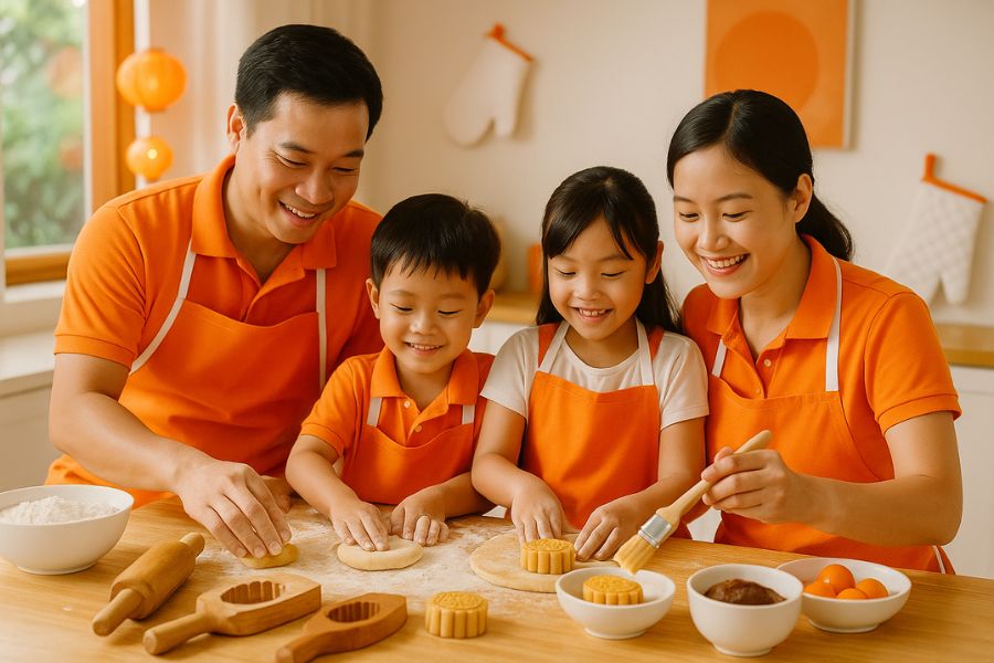 Tự làm bánh Trung thu tại nhà giúp gắn kết tình cảm gia đình.