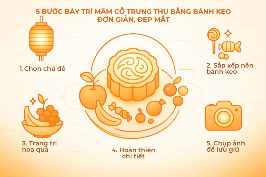 Chỉ với 5 bước đơn giản, bạn có thể bày trí mâm cỗ Trung thu bánh kẹo.