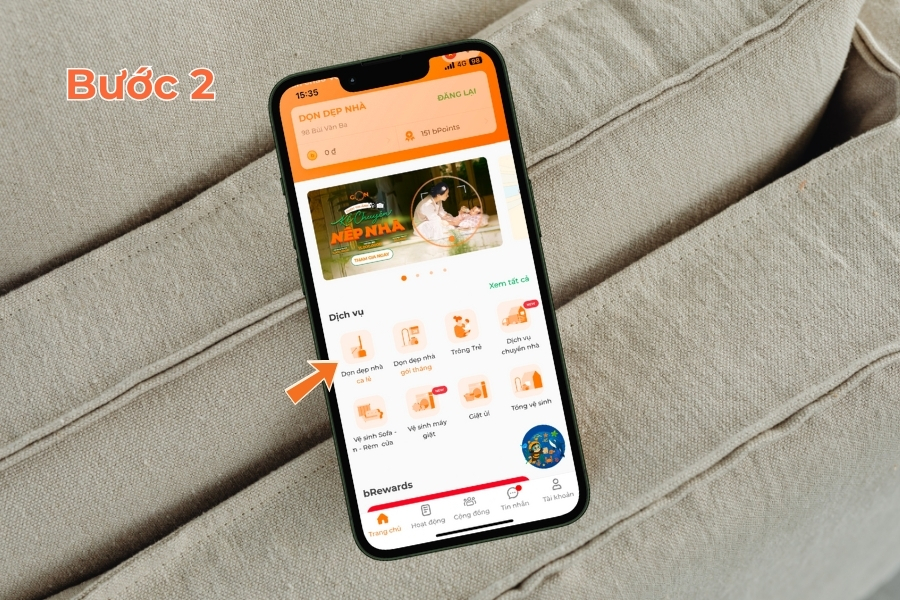 Chọn dịch vụ “dọn dẹp nhà ca lẻ” tại Vũng Tàu ngoài màn hình chính.