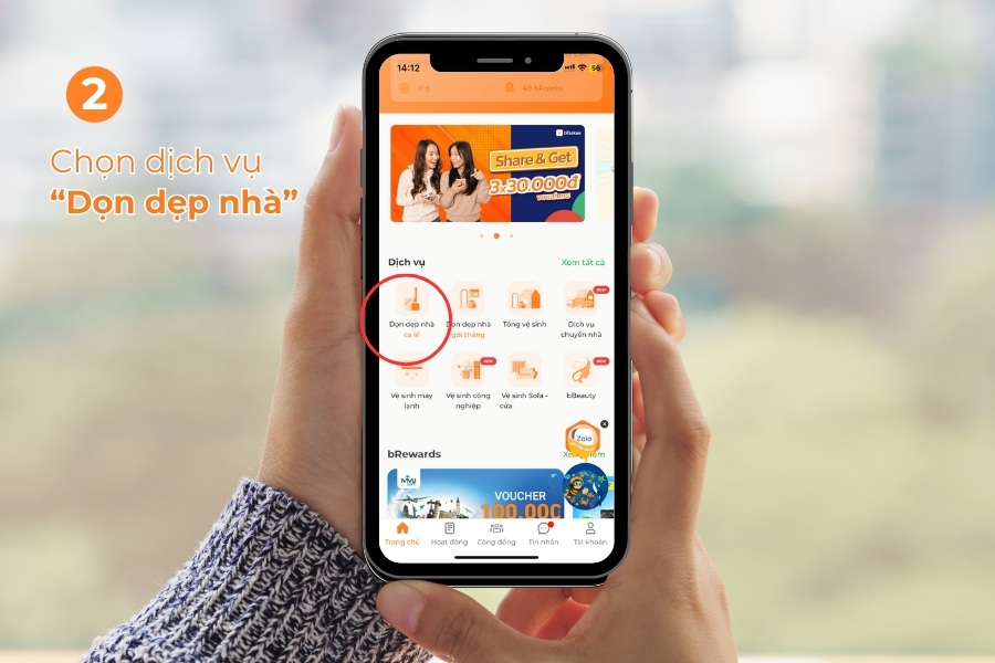 Chọn dịch vụ dọn nhà trên trang chủ.