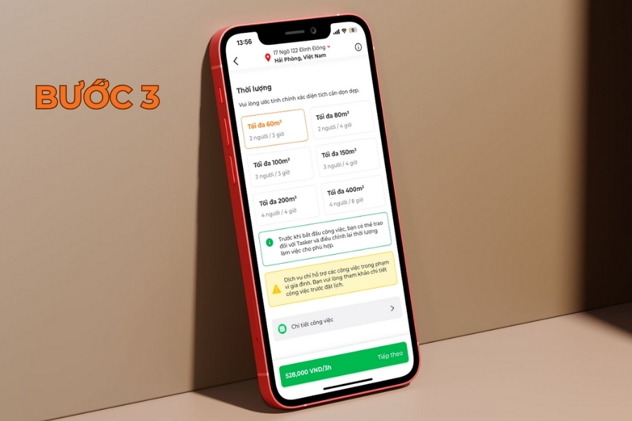 Chọn diện tích và thời lượng phù hợp.