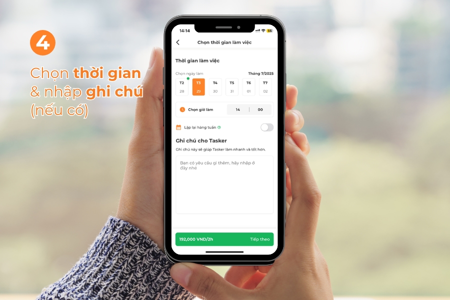 Chọn thời gian Tasker đến làm việc và nhập ghi chú.
