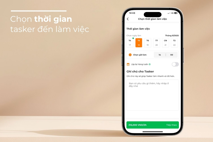 Chọn thời gian tasker đến làm việc.