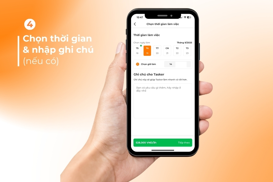Chọn thời gian và nhập ghi chú (nếu có).