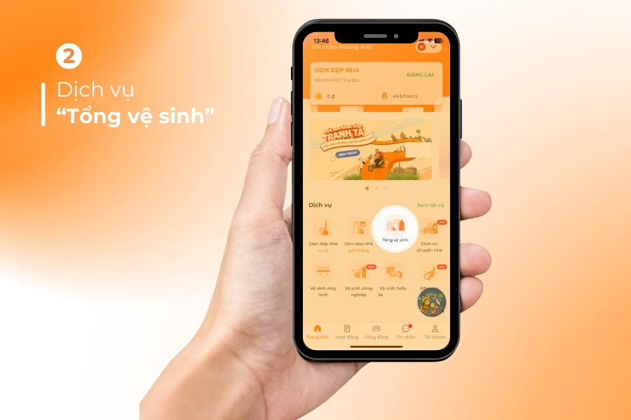 Mở ứng dụng và chọn dịch vụ "Tổng vệ sinh" tại Bình Dương.