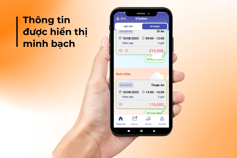 Mọi thông tin về thời gian, giá trị công việc đều được hiển thị trên ứng dụng.