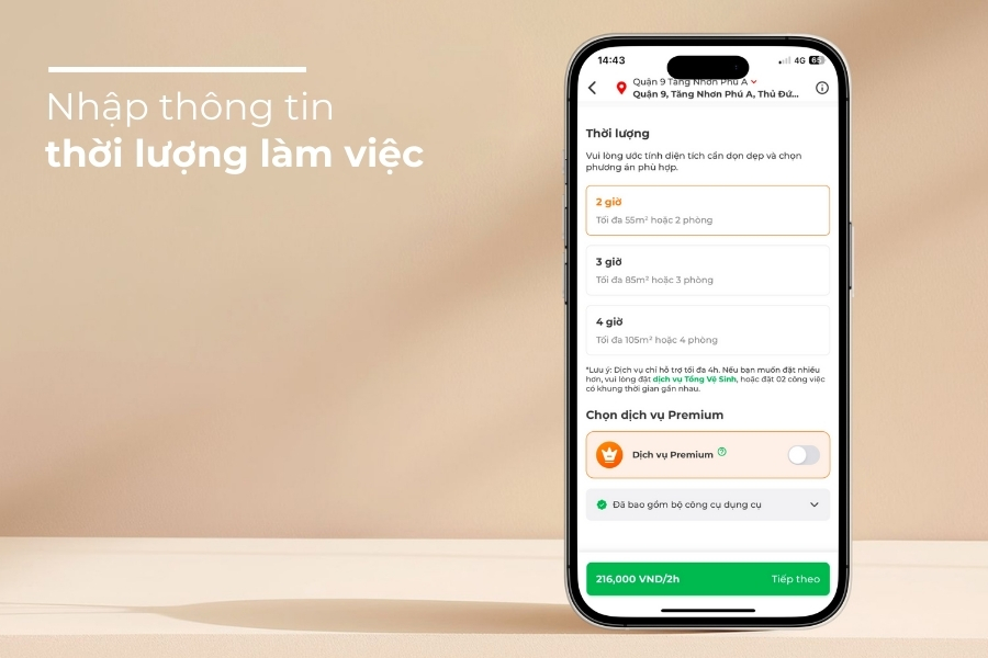 Nhập thông tin thời lượng và chọn dịch vụ premium (nếu có nhu cầu).