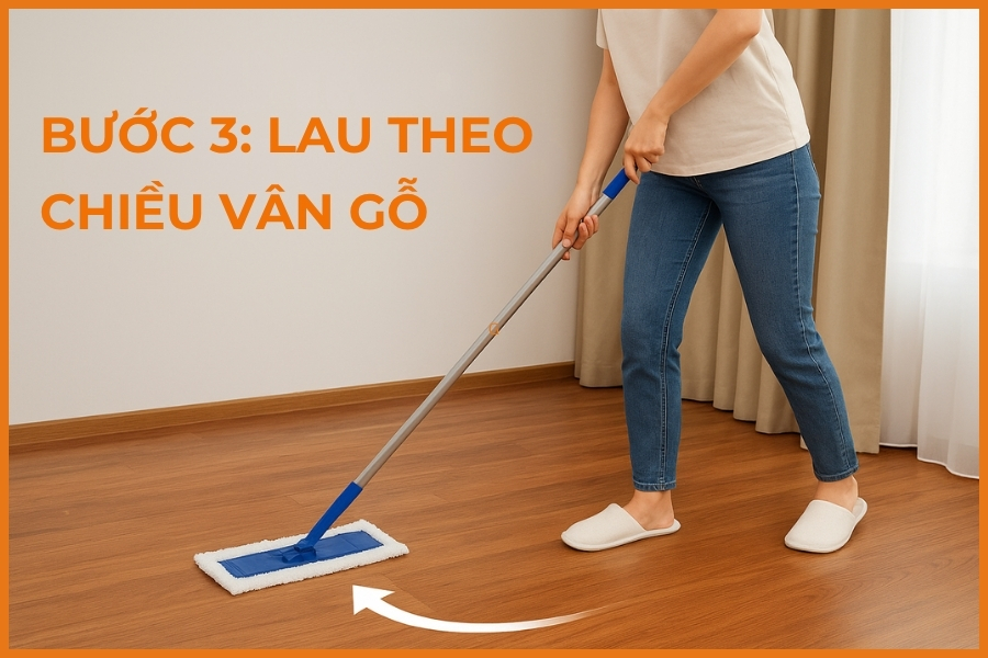 Bước 3: Lau theo chiều vân gỗ.
