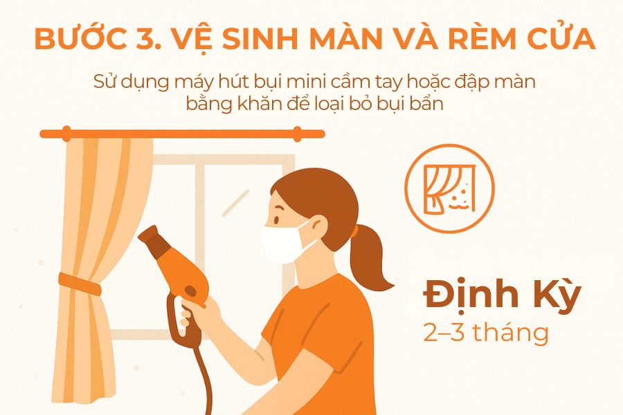Bước 3: Vệ sinh màn và rèm cửa.