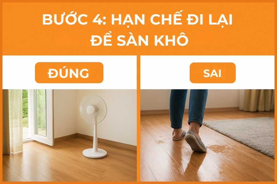 Bước 4: Hạn chế đi lại để sàn khô.