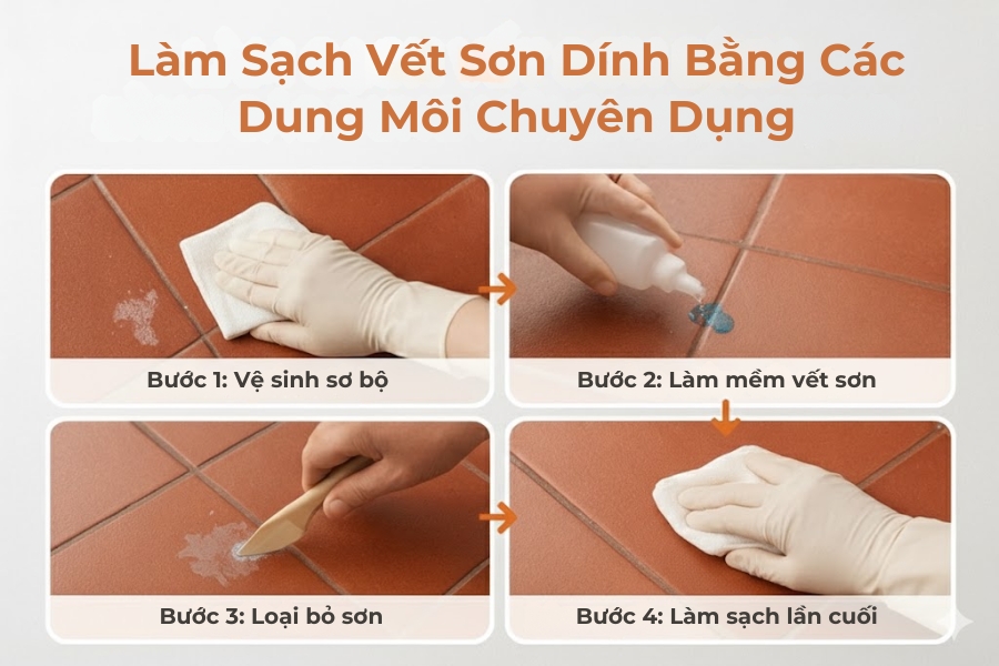 Các bước làm sạch vết sơn rơi vãi trên nền gạch đỏ sau sơn sửa.
