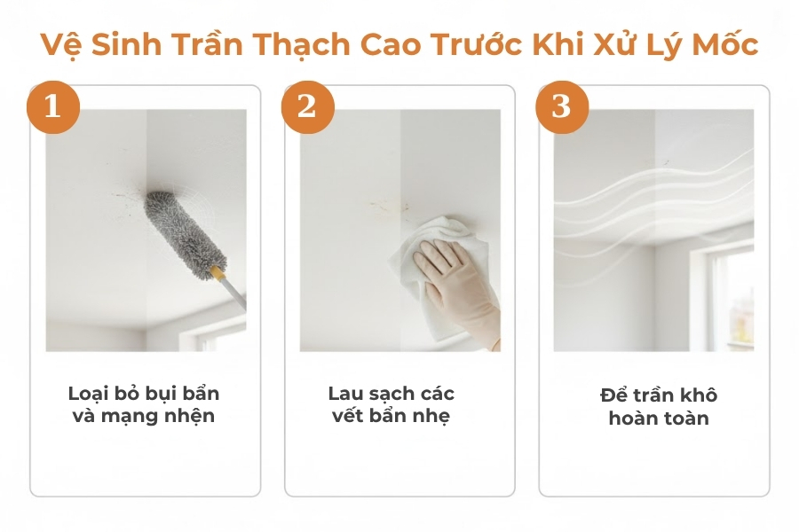 Các bước vệ sinh trần thạch cao trước khi xử lý mốc.