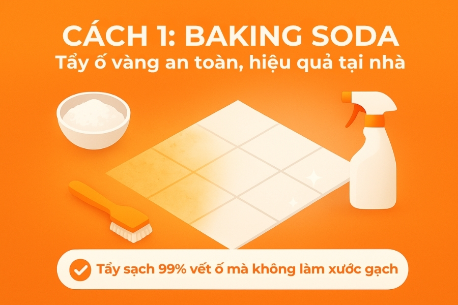 Cách 1: Dùng baking soda tẩy sạch vết ố nền gạch.