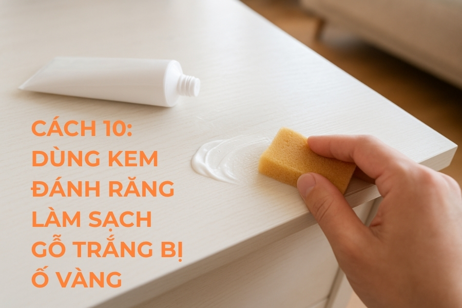 Cách 10: Dùng kem đánh răng làm sạch gỗ trắng bị ố vàng.