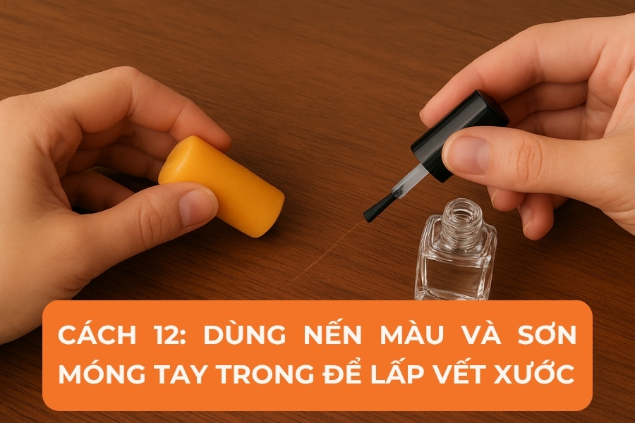 Cách 12: Dùng nến màu và sơn móng tay trong để lấp vết xước.