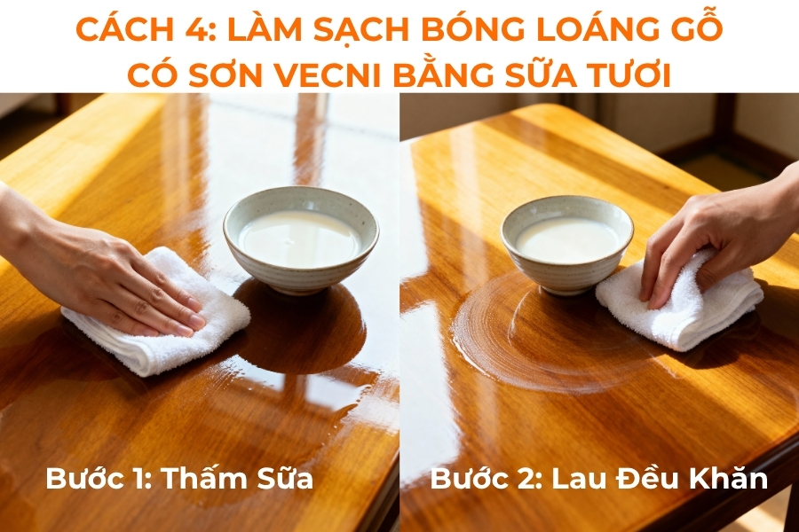 Cách 4: làm sạch bóng loáng gỗ có sơn vecni bằng sữa tươi.