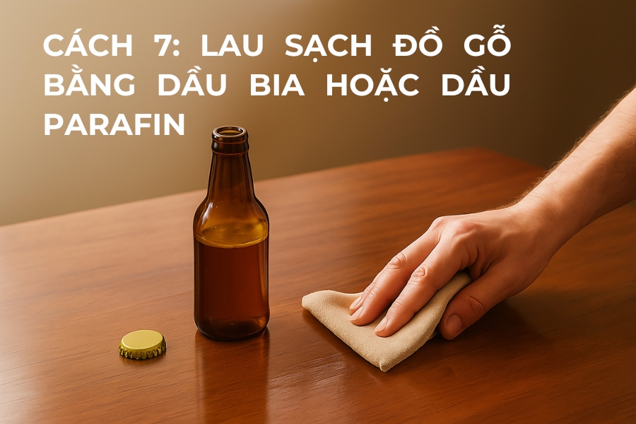 Cách 7: Lau sạch đồ gỗ bằng dầu bia hoặc dầu parafin.