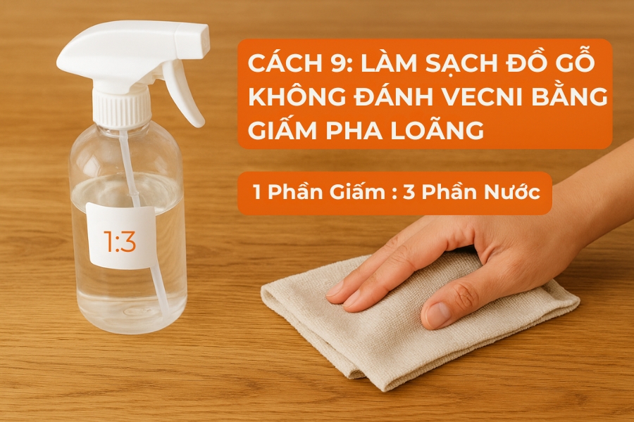 Cách 9: Làm sạch đồ gỗ không đánh vecni bằng giấm pha loãng.