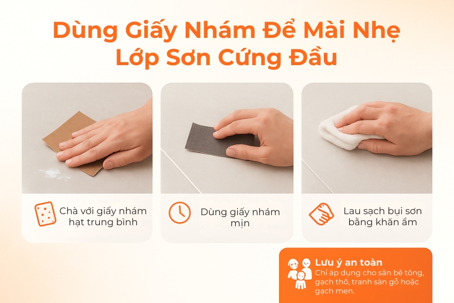 Cách dùng giấy nhám để mài cách vết sơn cứng đầu trên nền nhà.