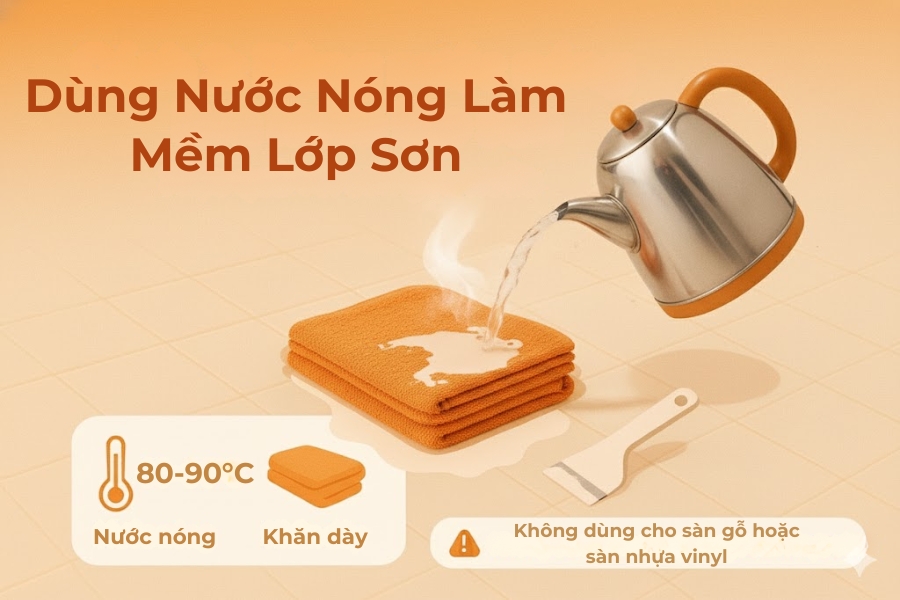 Cách dùng nước nóng để làm mềm lớp sơn trên nền nhà.