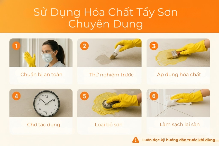 Cách sử dụng các hóa chất chuyên dụng để tẩy vết sơn sàn nhà.