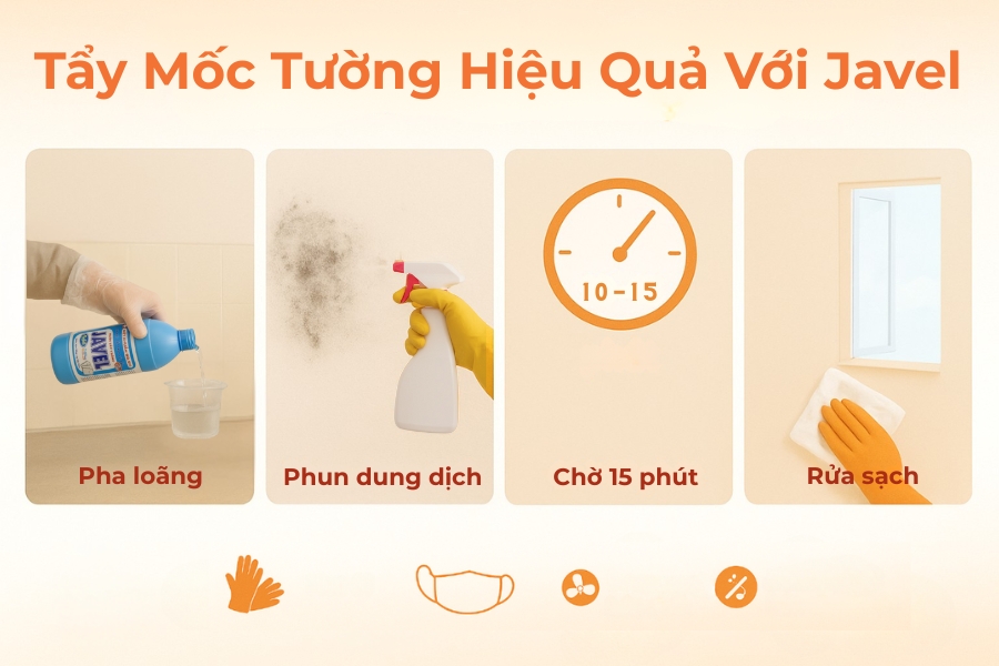 Cách tẩy mốc tường với thuốc tẩy javel.
