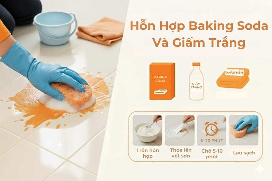 Cách tẩy sơn sàn nhà bằng hỗn hợp baking soda và giấm trắng.