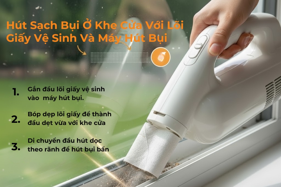 Dùng máy hút bụi và đầu lõi giấy vệ sinh để hút bụi khung cửa.