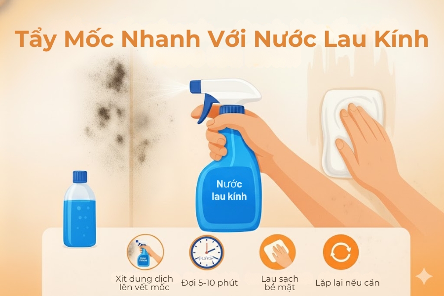 Dùng nước lau kính tẩy nấm mốc.
