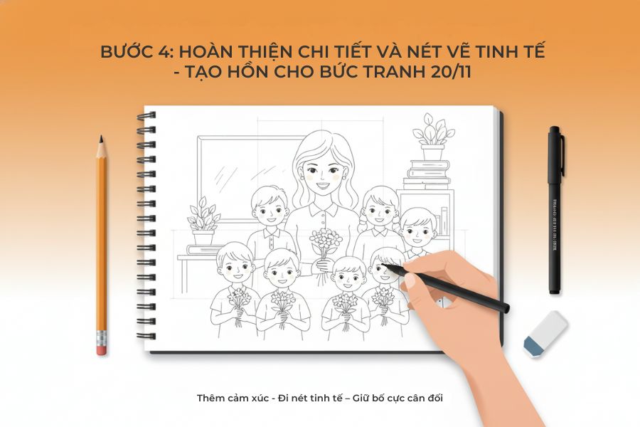 Hoàn thiện chi tiết bức tranh vẽ 20/11.