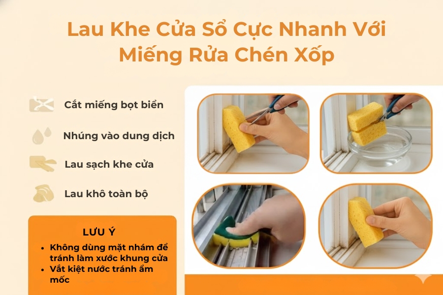 Lau khe cửa sổ với miếng rửa chén xốp.