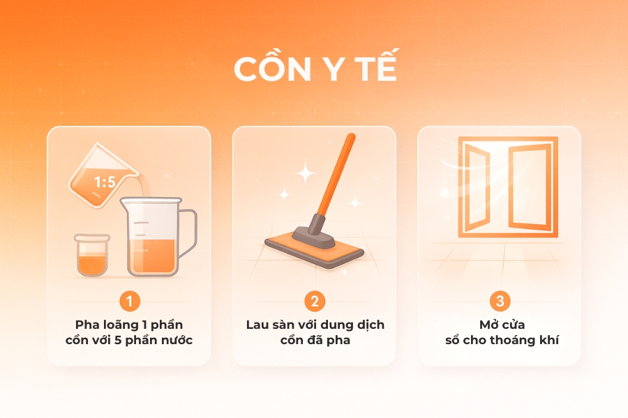 Lau sàn với cồn y tế để diệt khuẩn.