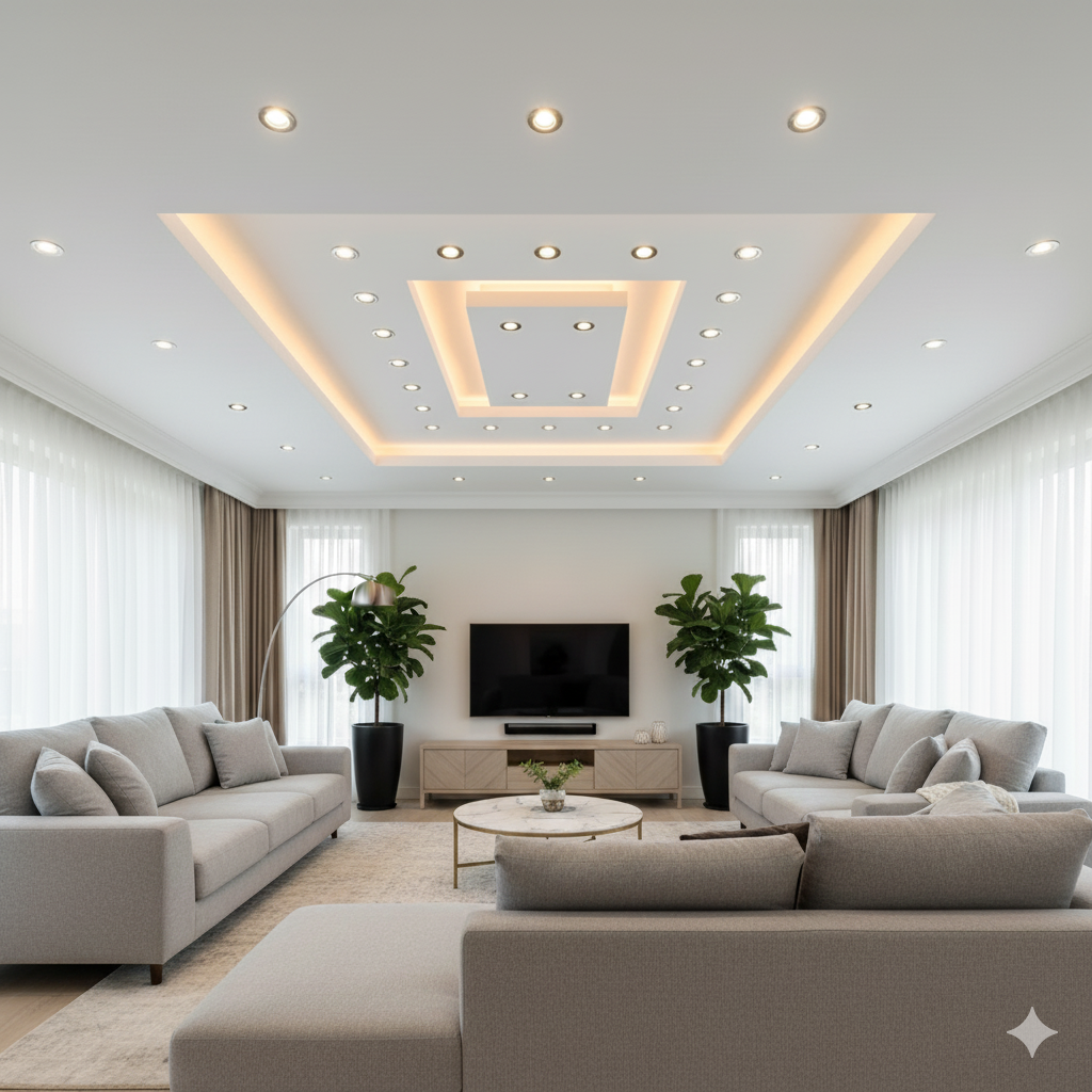 Plafon Gypsum dengan Lampu Recessed