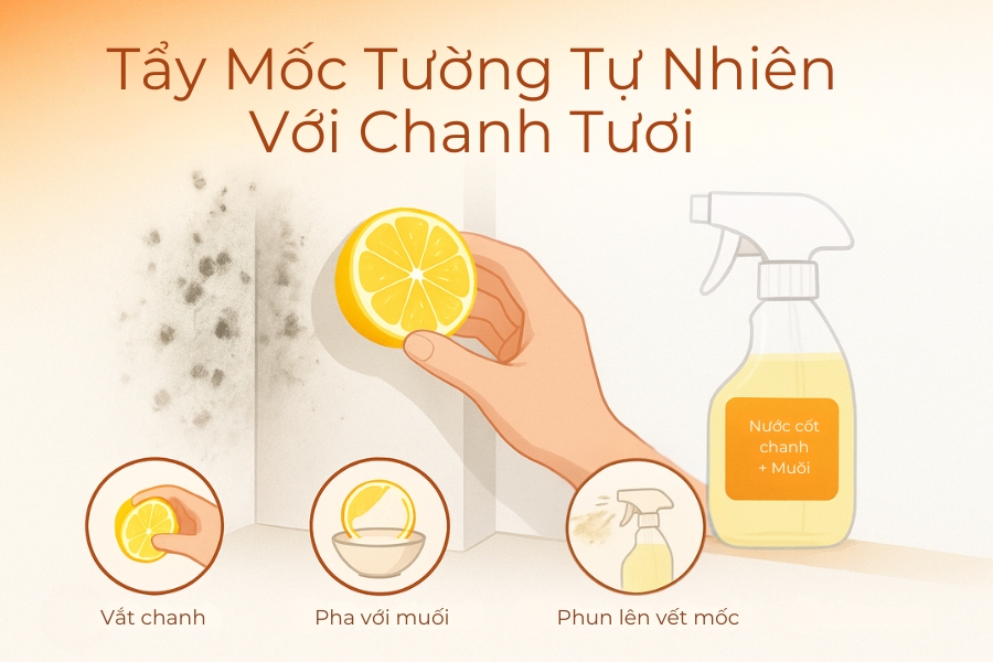 Quy trình dùng chanh tươi tẩy mốc tường.