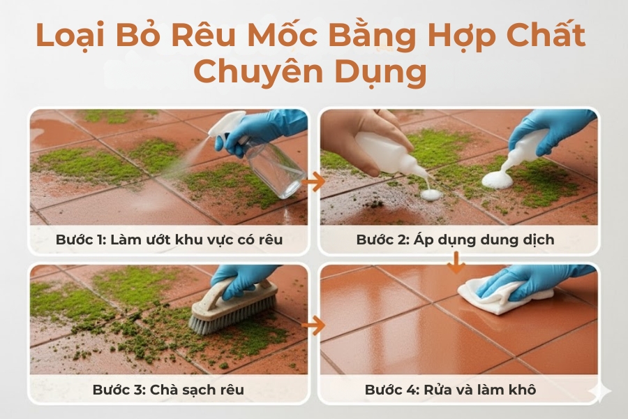Quy trình loại bỏ rêu mốc bám lâu ngày trên nền gạch đỏ.