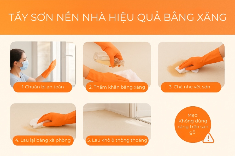 Quy trình tẩy sơn nền nhà bằng xăng hiệu quả.