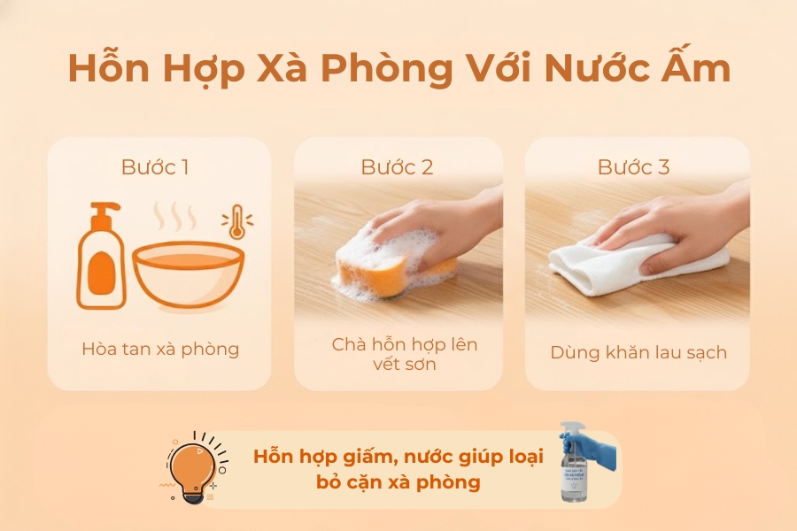 Quy trình tẩy sơn sàn nhà bằng xà phòng và nước ấm.